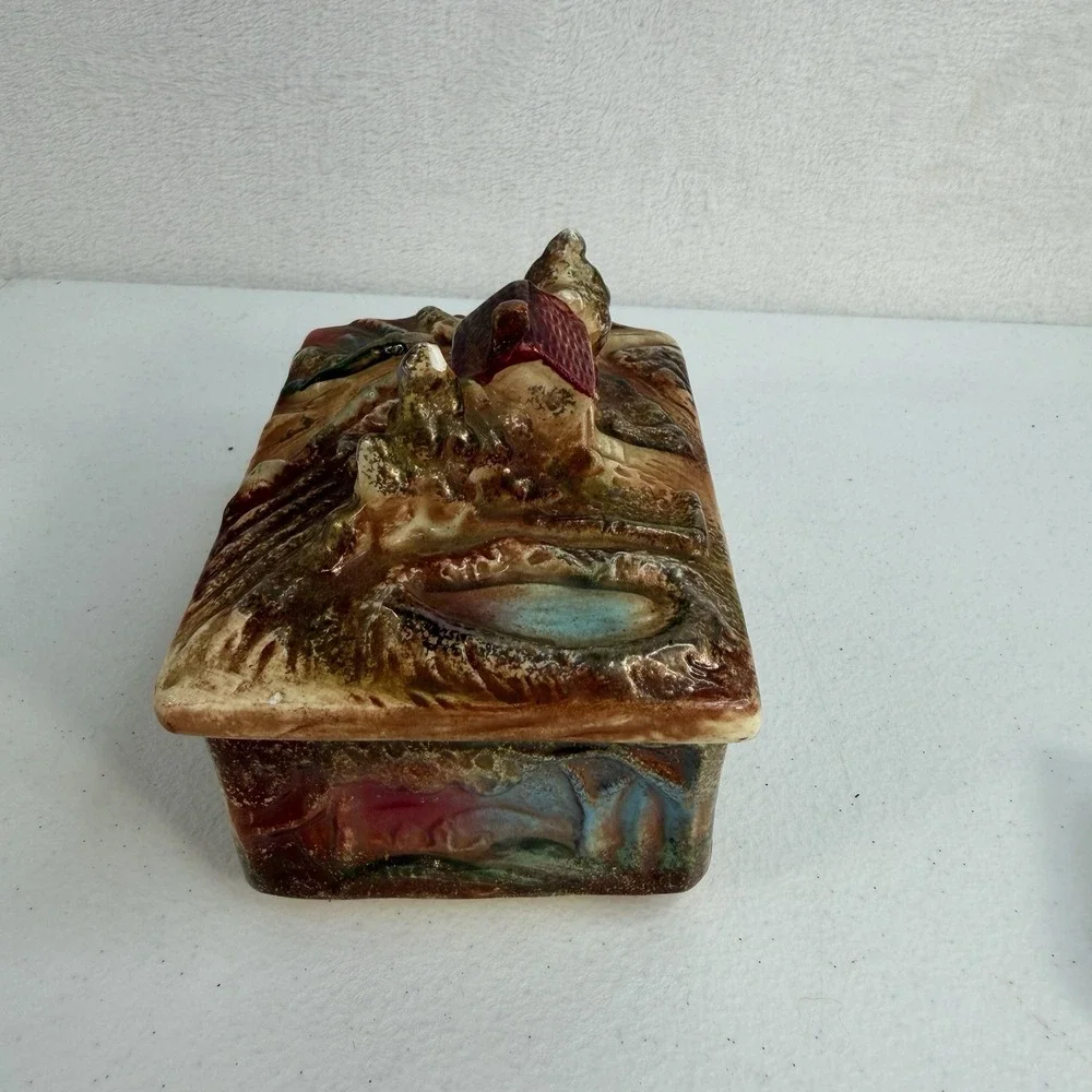 Vtg 50's Hand Paint Porcelain 3-D Trinket Jewelry Box Tray Japan Tree House Lake
